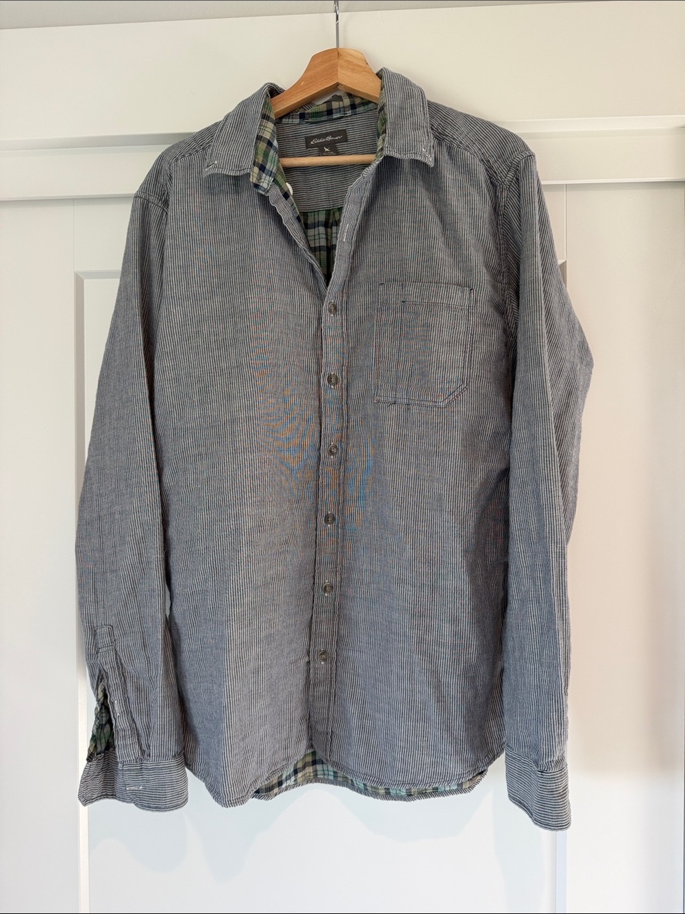 Eddie Bauer Gray and white striped Button-Down Shirt with Plaid Lining